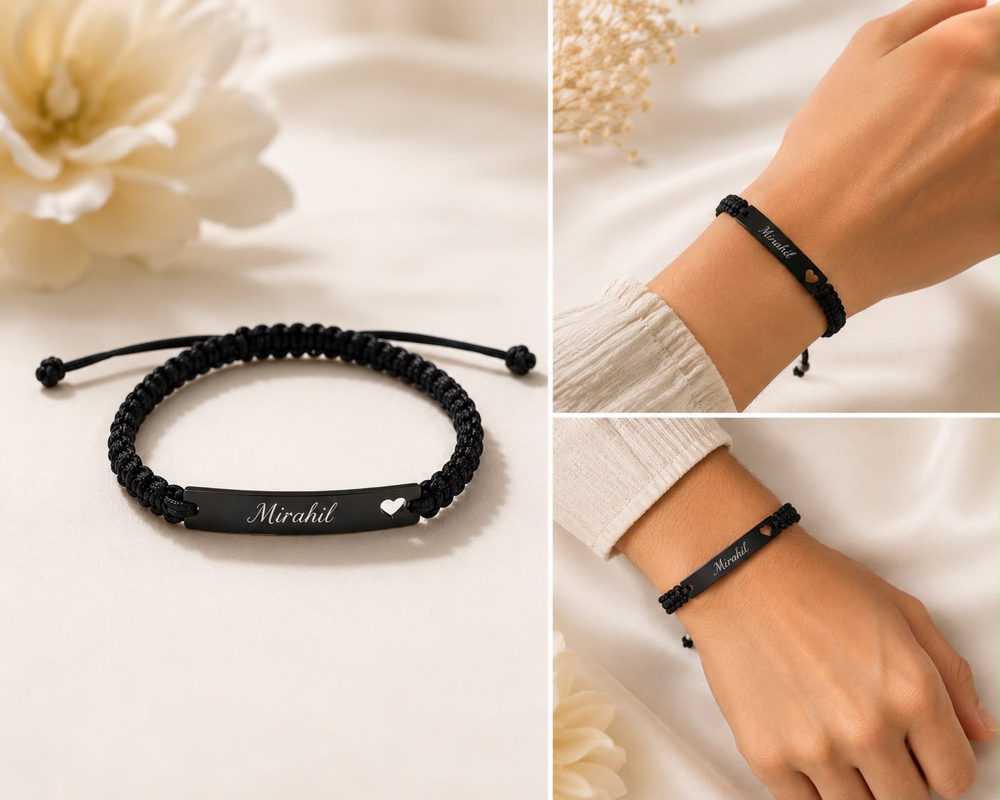 Custom Engraved Name Bracelet for Women & Men | Adjustable Black Braided Cord | Personalized Gift