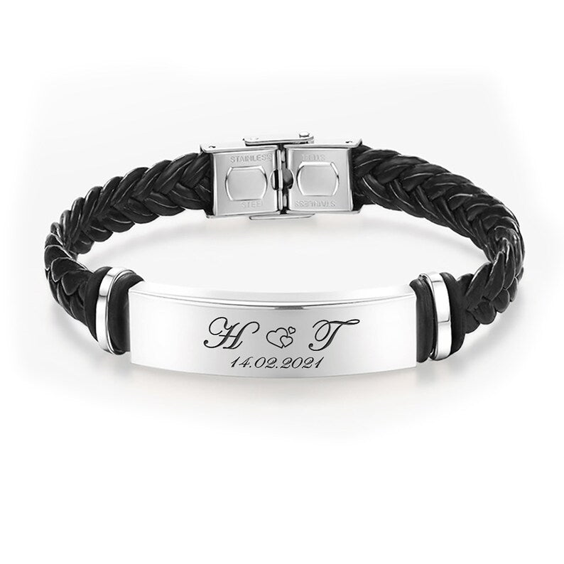 Personalized Leather Hand Bracelet – Custom Engraved Metal Plate Bracelet | AHP Customize