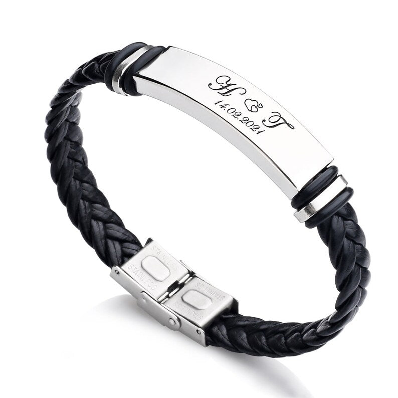 Personalized Leather Hand Bracelet – Custom Engraved Metal Plate Bracelet | AHP Customize