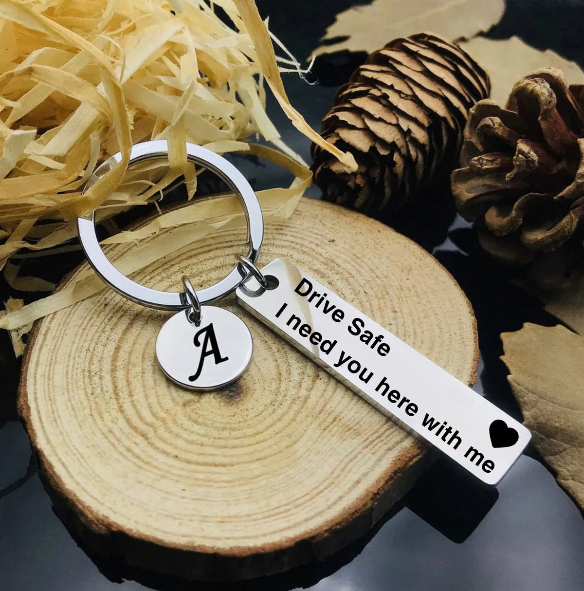 Fully Customized Drive Safe Keychain | Personalized Name, Initial & Custom Message Metal Keychain