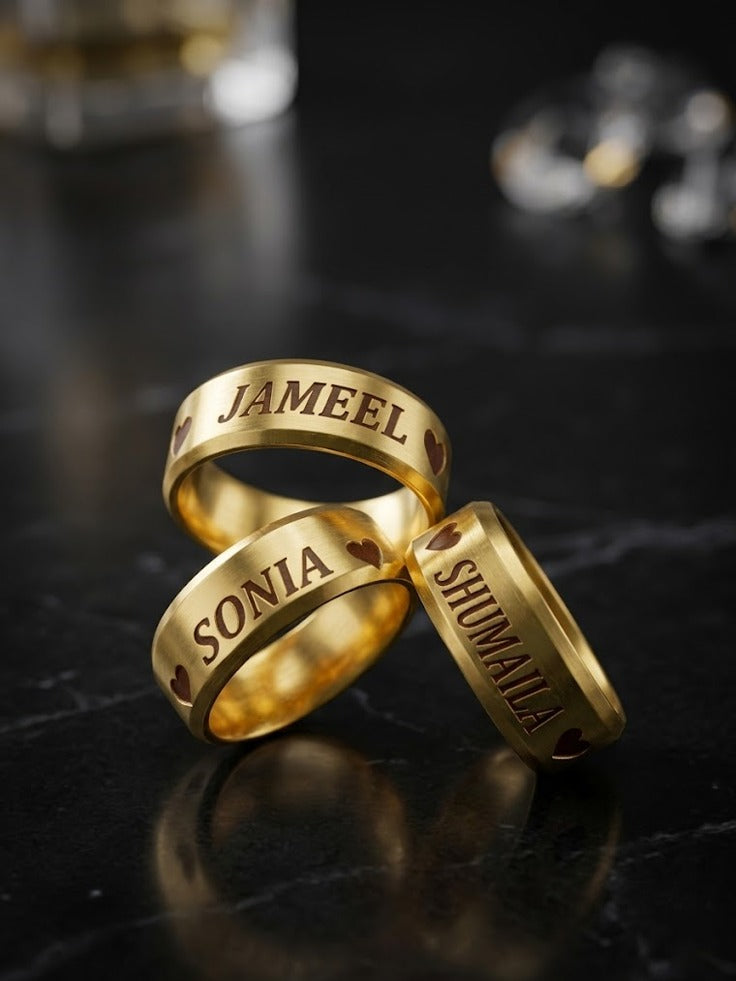 Personalized Golden Ring | Custom Name & Date Engraved Couple Ring with Heart or Crown