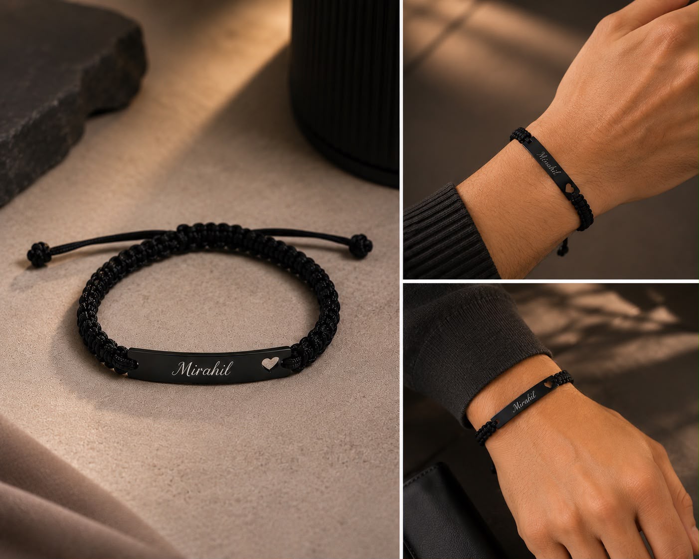 Custom Engraved Name Bracelet for Women & Men | Adjustable Black Braided Cord | Personalized Gift