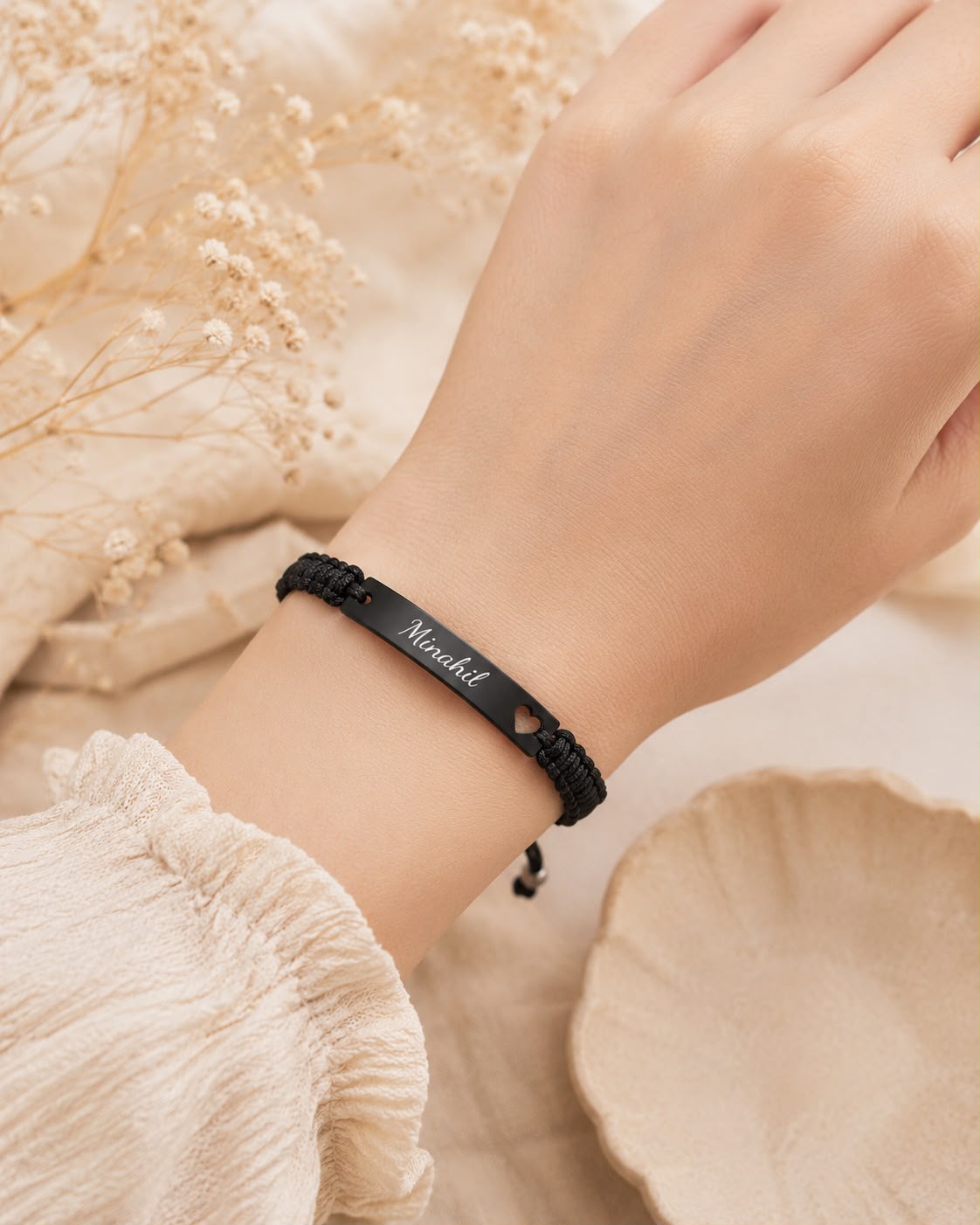 Custom Engraved Name Bracelet for Women & Men | Adjustable Black Braided Cord | Personalized Gift