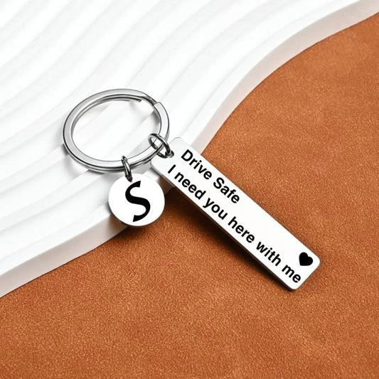Fully Customized Drive Safe Keychain | Personalized Name, Initial & Custom Message Metal Keychain