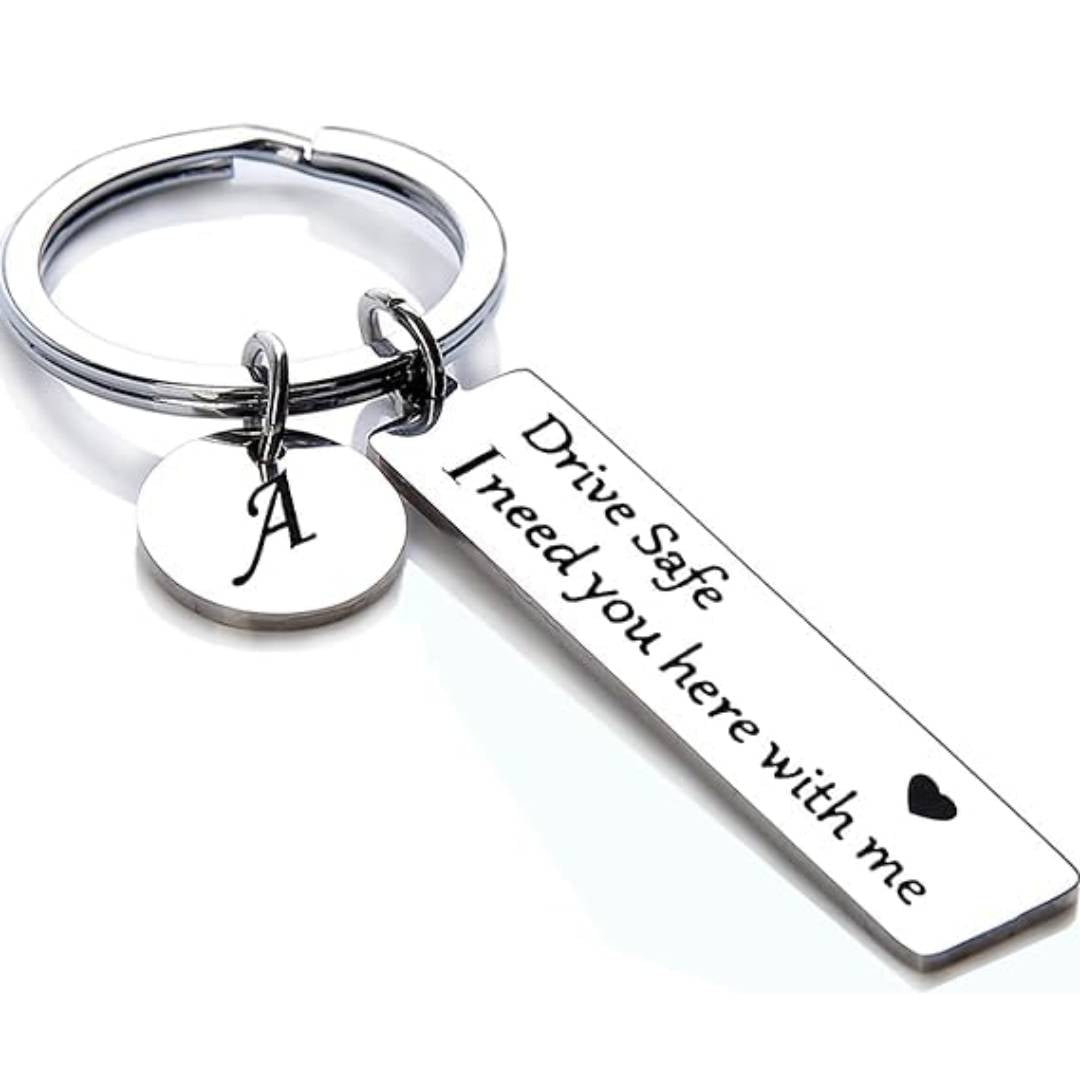 Fully Customized Drive Safe Keychain | Personalized Name, Initial & Custom Message Metal Keychain