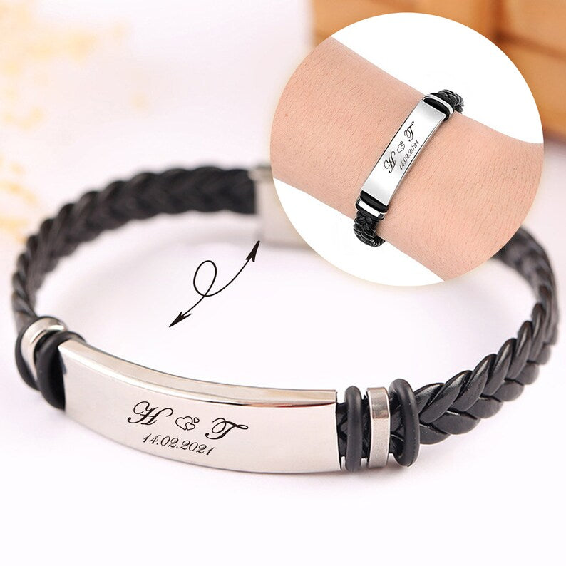 Personalized Leather Hand Bracelet – Custom Engraved Metal Plate Bracelet | AHP Customize