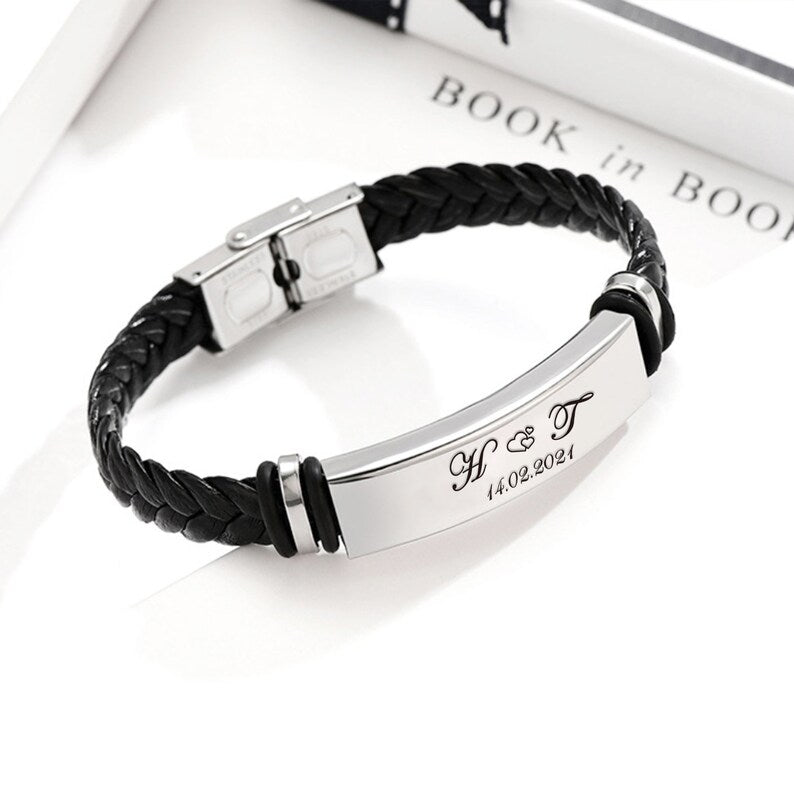 Personalized Leather Hand Bracelet – Custom Engraved Metal Plate Bracelet | AHP Customize